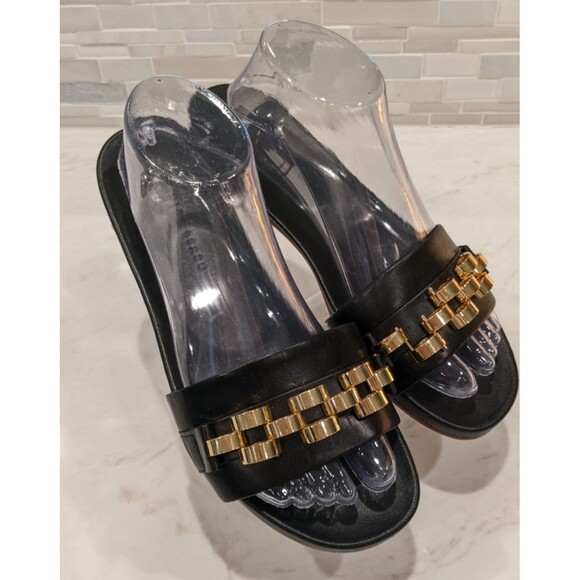 Veronica Beard ENI Black Chain-Trimmed Leather Slides Gold hardware Size 8.5 - Picture 4 of 8